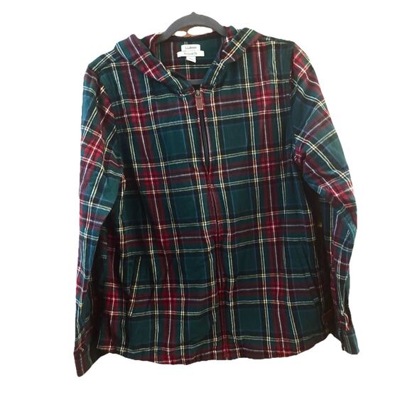 L L Bean Women’s Relaxed Fit Scotch Plaid Sz M Full Zip Flannel Hoodie Gorpcore - Picture 1 of 5